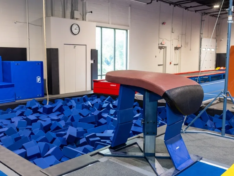 Foam pit and launch board gymnastics equipment at Haverford Y's Gymnastics Center