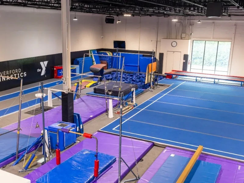 Interior of Haverford Y's Gymnastics Center with gymnastics equipment