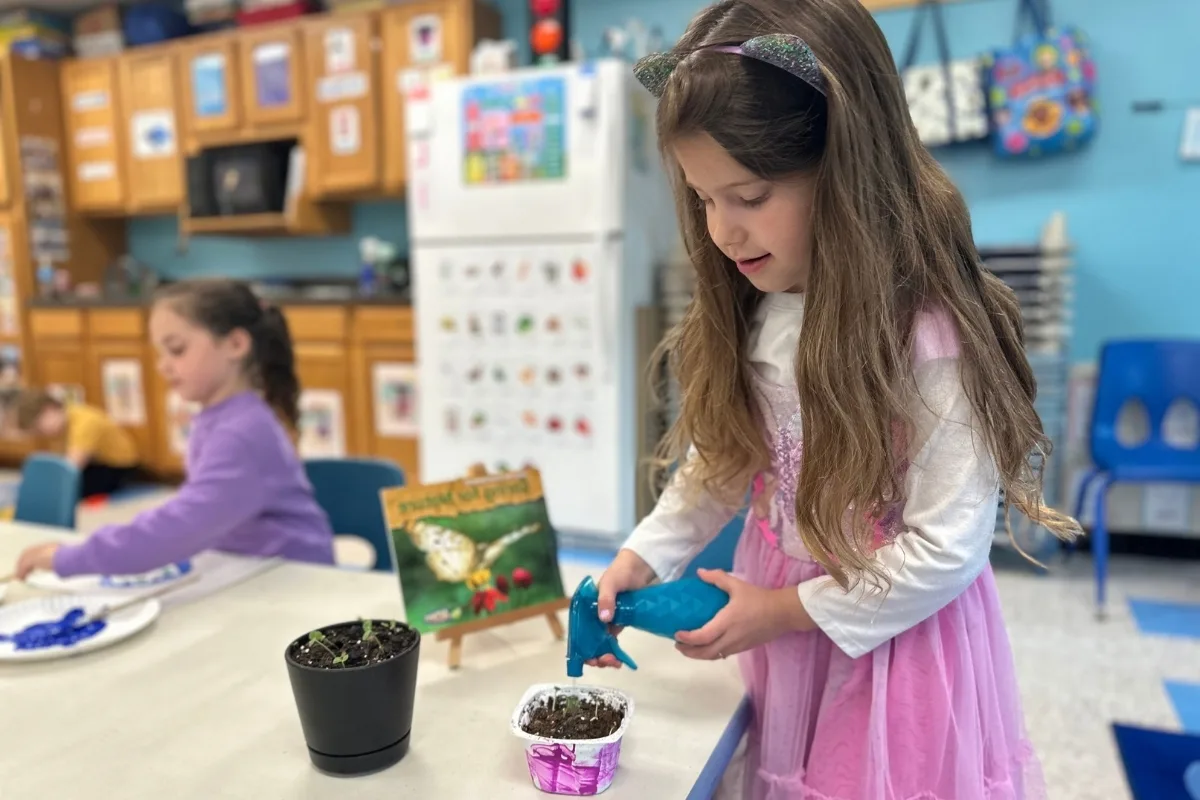 Child spraying water on small plant in a classroom