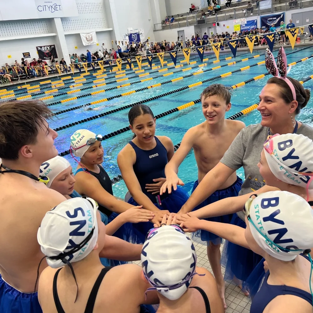 Boyertown Y's youth swim team at an indoor swim competition