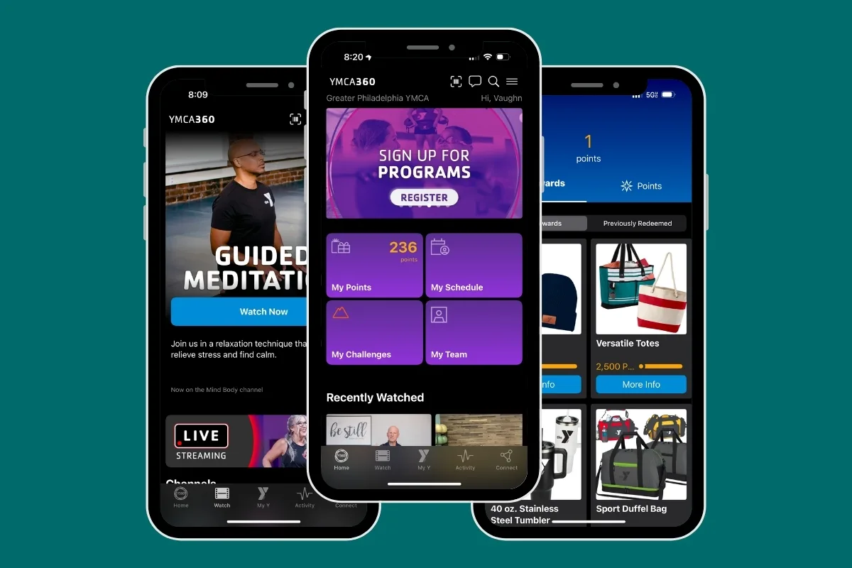 Screenshot mockups of YMCA360 app