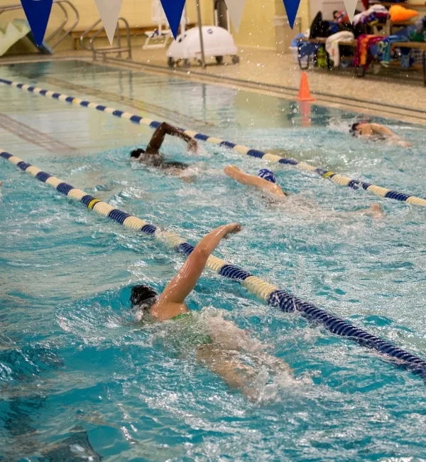 Swimmers doing swim strokes in an indoor pool