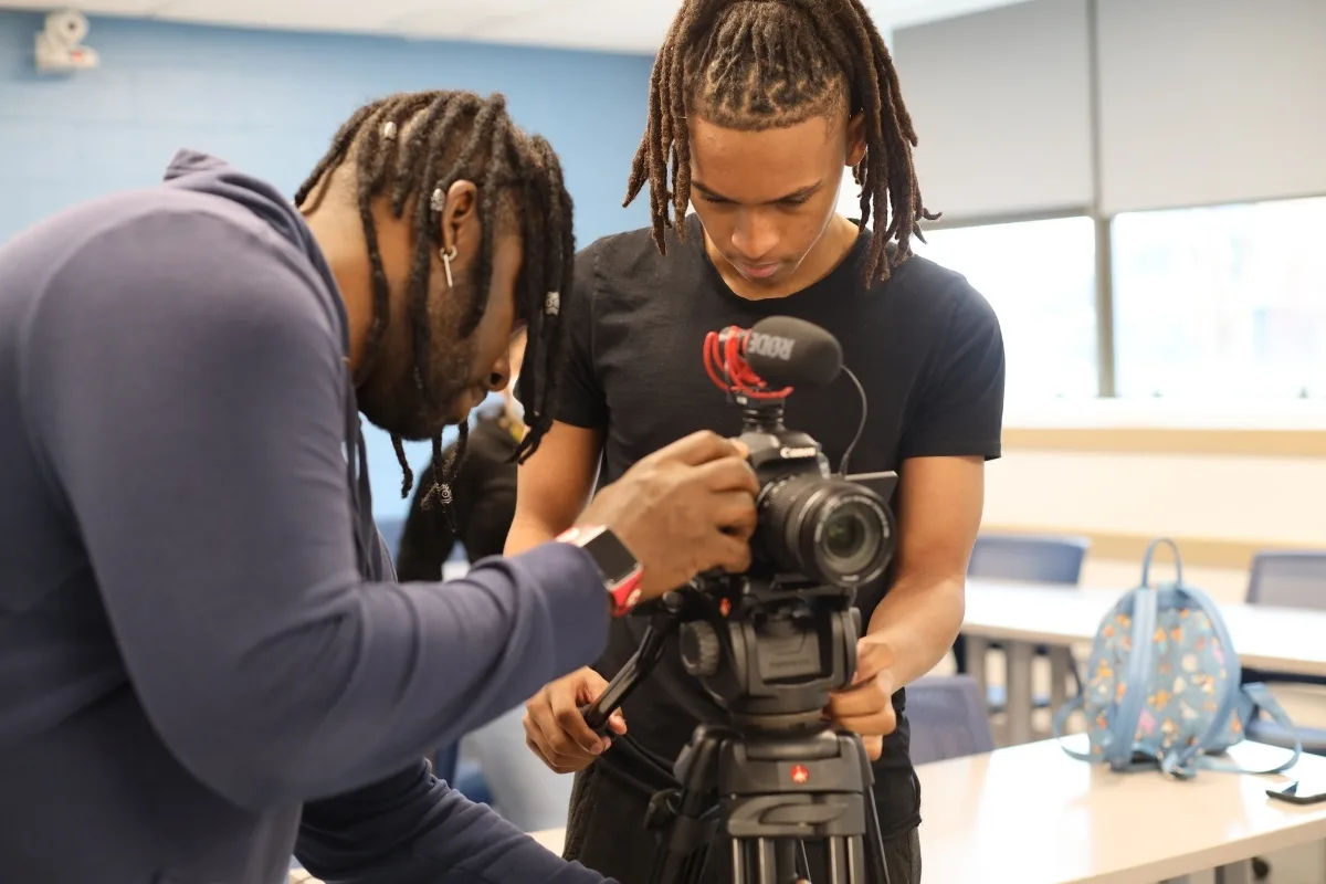 Teens using recording camera in Teen Tech Center at Columbia North Y