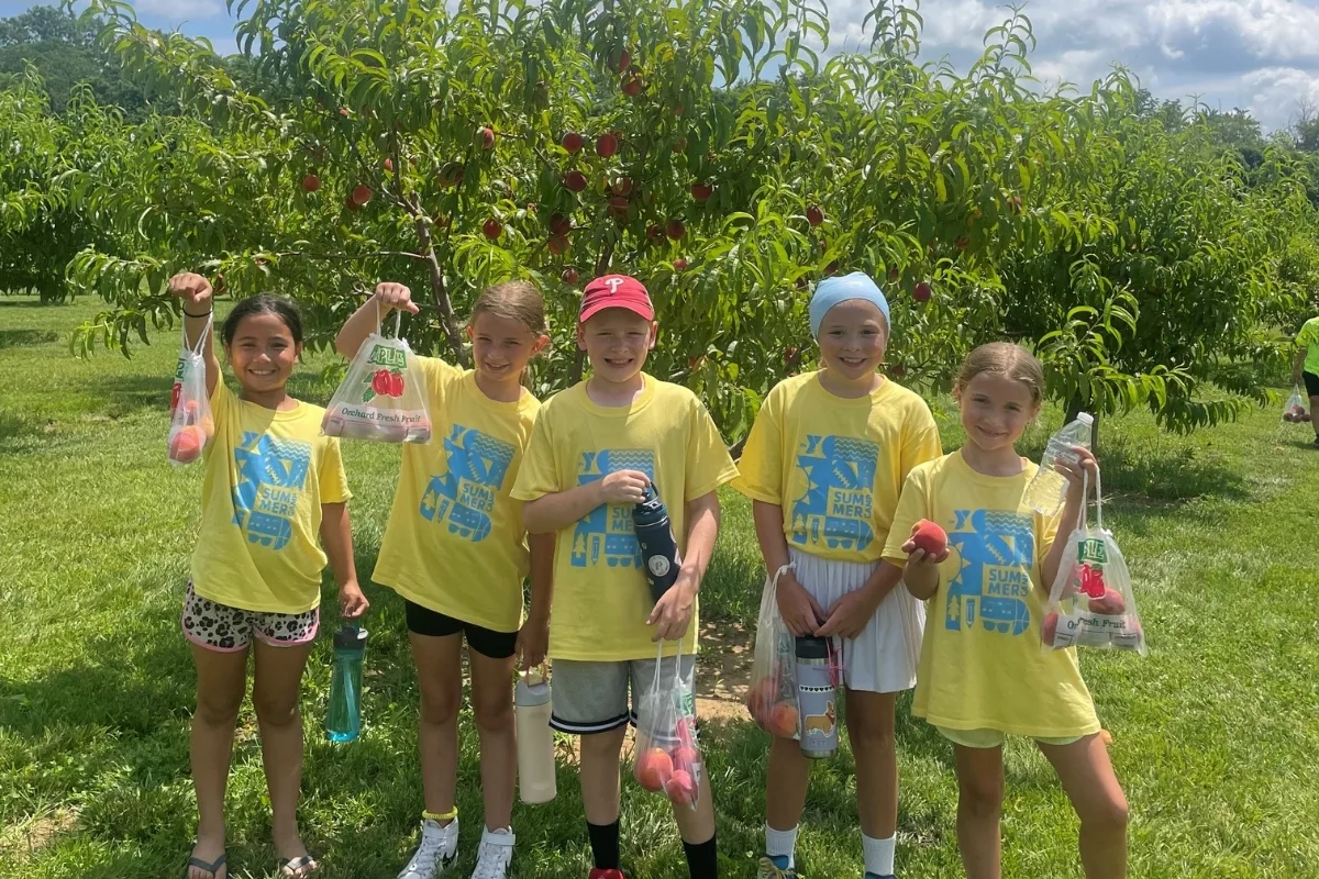 Group of Willow Grove Y's summer campers picking peaches outdoors